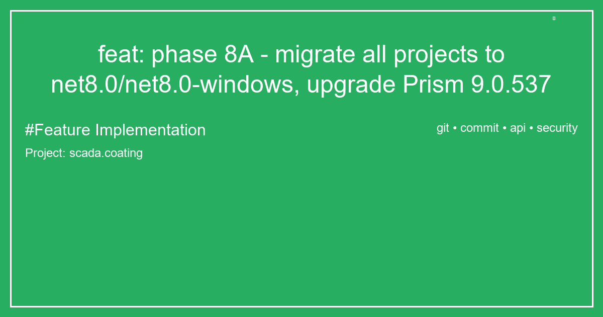 feat: phase 8A - migrate all projects to net8.0/net8.0-windows, upgrade Prism 9.0.537